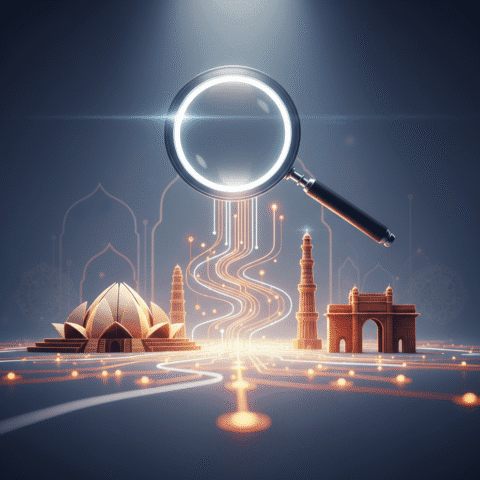 { "prompt": "A sleek, minimalist composition showing a glowing magnifying glass hovering over an Indian-themed digital landscape, with flowing data streams in orange and white merging into an AI neural network pattern, dramatic lighting, cinematic depth of field, professional editorial style, clean background with subtle Indian architectural elements" }