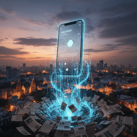 { "prompt": "A modern, cinematic composition showing a glowing holographic smartphone floating above an Indian cityscape at dusk, displaying an AI-generated content summary with clean, minimalist design. The phone casts a soft blue light, while traditional newspaper pages transform into digital data streams flowing upward, symbolizing the evolution of publishing. Professional lighting, shallow depth of field, dramatic atmosphere." }