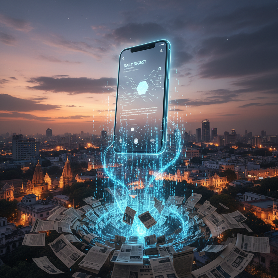 { "prompt": "A modern, cinematic composition showing a glowing holographic smartphone floating above an Indian cityscape at dusk, displaying an AI-generated content summary with clean, minimalist design. The phone casts a soft blue light, while traditional newspaper pages transform into digital data streams flowing upward, symbolizing the evolution of publishing. Professional lighting, shallow depth of field, dramatic atmosphere." }