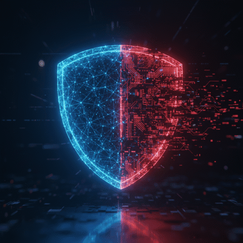 { "prompt": "A glowing neural network in electric blue forming a shield shape, with one half transforming into a menacing red circuit pattern resembling a digital attack. Dark dramatic background, shallow depth of field, shield positioned center frame casting reflections, cinematic lighting, 8k professional quality, clean minimal style" }