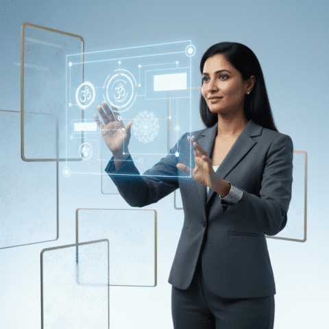 { "prompt": "A modern, minimalist Indian entrepreneur confidently navigating a glowing, stylized Google-inspired interface floating in mid-air, with clean geometric shapes and subtle Indian design elements in the background. Professional lighting, editorial style, soft gradient background in blue and white, sharp focus on the entrepreneur's determined expression." }