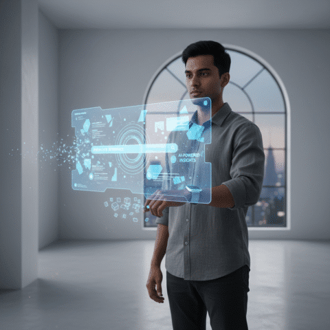 { "prompt": "A minimalist Indian tech professional looking at a holographic search interface with AI-generated summaries floating in mid-air, casting a soft blue glow. The interface shows snippets of content breaking apart into digital particles, symbolizing the transformation of traditional search into zero-click experiences. Clean, modern aesthetic with selective focus, shot from a cinematic 3/4 angle." }