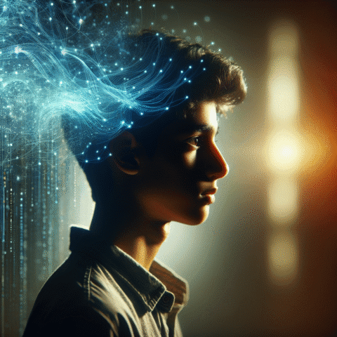 ```json { "prompt": "A contemplative young Indian teenager (14-17 years old) in a three-quarter profile, their face softly illuminated by a subtle, glowing blue digital light emanating from an unseen screen below, casting faint abstract patterns. Ethereal, translucent digital data streams subtly intertwine around their head, symbolizing the pervasive influence of social media. In the softly blurred background, a warm, guiding light or a gently implied, out-of-focus hand gesture reaches towards them, representing parental or educational support and real-world connection. Cinematic, professional magazine cover style, sharp focus on the teenager, clean minimal background with a very subtle hint of an Indian context, high-resolution, dramatic lighting, contrasting cool digital blues and warm human-connection oranges." } ```
