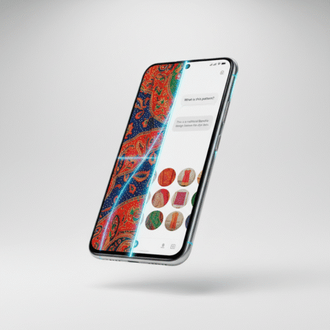{ "prompt": "Professional cinematic shot of a modern smartphone floating against a clean white background, displaying a split-screen interface where one side shows a vibrant Indian textile pattern being scanned, and the other side shows an elegant AI chat interface with visual results, subtle blue Google-inspired glowing edges, dramatic studio lighting, 4K quality" }