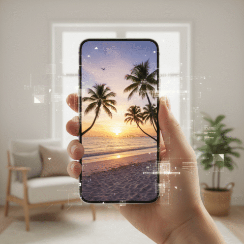 { "prompt": "A hand (gender-neutral) holding a modern, glowing smartphone, positioned centrally. From the phone's vibrant screen, a breathtaking, hyperrealistic summer vacation scene (e.g., a pristine tropical beach at sunset with palm trees or majestic snow-capped mountains under a clear blue sky) dramatically expands outwards, digitally bleeding and transforming the softly blurred background of a cozy, minimalist home interior. Subtle, ethereal glowing AI-inspired geometric patterns or data streams shimmer around the edges where the digital scene meets the real environment, emphasizing artificial intelligence creation. The vacation scene is exceptionally sharp and vivid, contrasting with the soft-focus home. Cinematic lighting, professional magazine cover quality, sharp focus on the phone and the emerging scene, clean minimal background elements, editorial style." }
