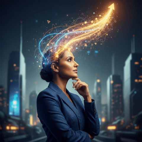 { "prompt": "Cinematic, editorial style, professional magazine cover. A determined and visionary modern Indian founder (diverse individual) is depicted in a thoughtful, confident pose. From their head/profile, a luminous, interconnected network of subtle light trails and abstract data points organically flows outwards, symbolizing their authentic voice and digital connections. This dynamic stream gracefully morphs into a robust, upward-trending abstract pipeline or a powerful river of golden light, representing a thriving business pipeline and exponential growth. The backdrop is a sophisticated, minimalist blend of soft futuristic cityscapes hinting at India's modernity, with a clean, sharp focus on the central metaphor. Rich, professional color grading, sharp focus, exquisite detail. No text, logos, or watermarks." }