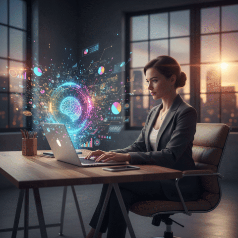 Ultra-realistic cinematic photo: modern marketer at laptop, stylish space. Vibrant holographic data, glowing AI creativity, digital art bursts swirl from screen. Soft bokeh, cinematic screen glow, amber/blue accents. Dynamic, innovative, 16:9.