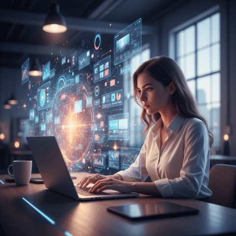 Ultra-realistic cinematic photo: A focused modern marketer at a laptop in a stylish workspace. Ethereal streams of glowing data, holographic dashboards, abstract digital art, and campaign visuals dynamically swirl from the screen, creating intelligent, vibrant energy. Photorealistic, soft bokeh, futuristic blue/purple/amber light accents. 16:9.