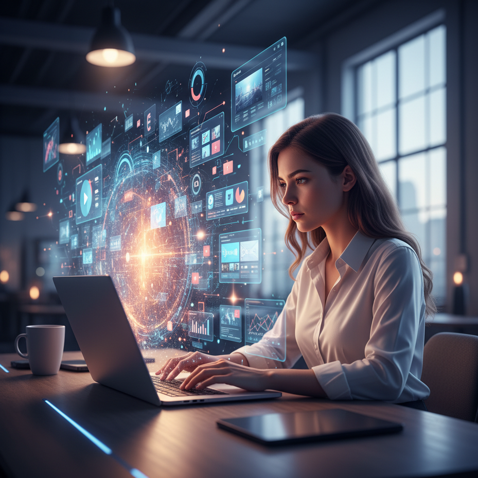 Ultra-realistic cinematic photo: A focused modern marketer at a laptop in a stylish workspace. Ethereal streams of glowing data, holographic dashboards, abstract digital art, and campaign visuals dynamically swirl from the screen, creating intelligent, vibrant energy. Photorealistic, soft bokeh, futuristic blue/purple/amber light accents. 16:9.