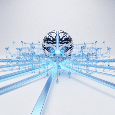 { "prompt": "A futuristic 3D visualization showing a gleaming metallic AI brain analyzing a network of glowing blue interconnected nodes, with some links thicker and brighter than others, against a clean white backdrop. The composition suggests hierarchy and intelligence, with the strongest links prominently featured in the foreground, cinematic lighting highlighting the dimensional depth" }