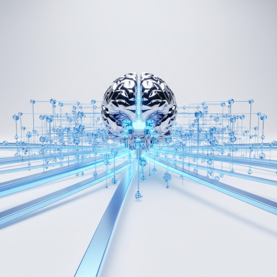 { "prompt": "A futuristic 3D visualization showing a gleaming metallic AI brain analyzing a network of glowing blue interconnected nodes, with some links thicker and brighter than others, against a clean white backdrop. The composition suggests hierarchy and intelligence, with the strongest links prominently featured in the foreground, cinematic lighting highlighting the dimensional depth" }