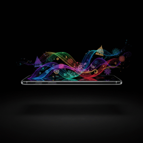 { "prompt": "Cinematic composition of a sleek transparent smartphone floating in a dark studio space, with vibrant artistic video streams flowing out of its screen in ribbons of light, symbolizing AI-generated content. Indian cultural motifs and patterns subtly woven into the video streams. Professional lighting, sharp focus, editorial style, clean minimal dark background with dramatic side lighting." }