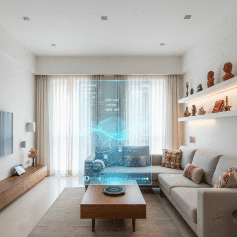 { "prompt": "A modern, minimalist Indian living room with a holographic AI interface floating in the center, casting a soft blue glow. Clean white walls, traditional Indian accents, and smart home devices elegantly integrated. The hologram shows abstract, flowing patterns representing voice commands in multiple Indian scripts. Cinematic lighting, shallow depth of field, professional photography style, 16:9 aspect ratio" }