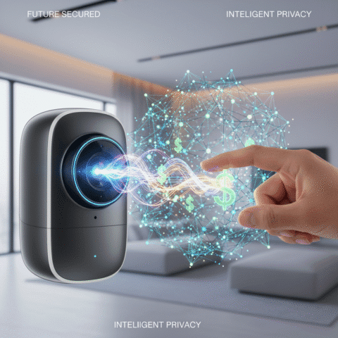{ "prompt": "A sleek, futuristic smart home security camera as the central focus, its lens emitting vibrant, flowing digital data streams that subtly intertwine with glowing abstract dollar symbols. These streams converge towards a complex, glowing holographic neural network structure, symbolizing AI training and improved intelligence. A diverse hand gently interacts with a segment of these data streams, signifying user control, consent, and privacy. The background is clean, minimal, and modern, with soft, warm ambient lighting that evokes a sophisticated smart home environment. Cinematic, professional magazine cover quality, sharp focus, symbolic and metaphorical representation." }