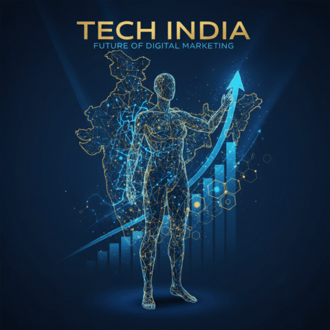 { "prompt": "A confident, visionary silhouette or abstract figure stands prominently against a backdrop that subtly integrates a digital representation of the Indian subcontinent (e.g., glowing map lines). Intricate, luminous AI neural network patterns and abstract data streams emanate from and converge around the figure, weaving into symbolic digital marketing elements like upward-trending graphs and interconnected nodes. The overall aesthetic is futuristic, sophisticated, and clean, with a focus on technological leadership and influential growth within the Indian market. Cinematic lighting, sharp focus, professional magazine cover style, minimal background, rich blue and gold color palette." }