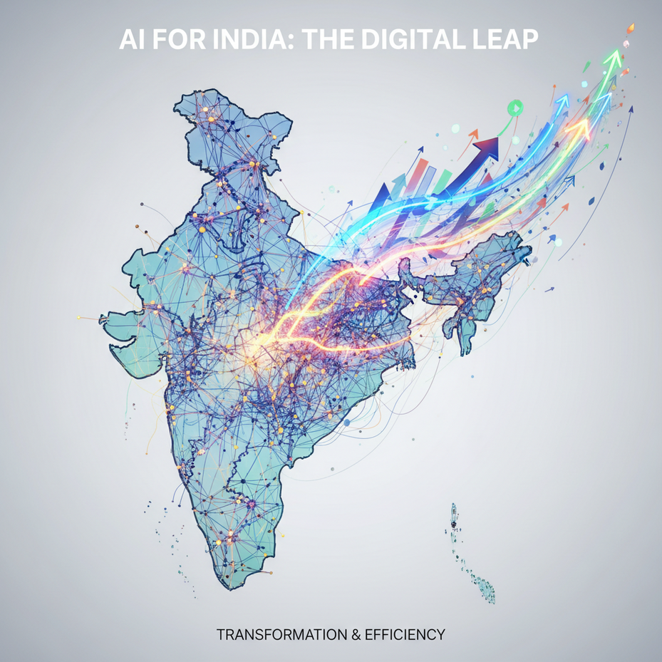 { "prompt": "Cinematic, editorial style image: A glowing, intricate neural network, symbolizing AI, powerfully intersecting with a translucent, abstract outline of the Indian subcontinent. From this nexus, vibrant, upward-trending data visualizations and abstract light trails emerge, representing accelerated customer conversion and digital growth. The imagery conveys transformation and efficiency with a sense of forward momentum. Professional magazine cover quality, clean minimal background, sharp focus." }