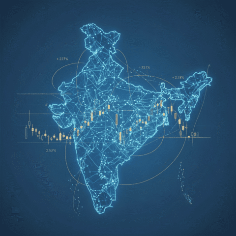 { "prompt": "A sleek, minimalist composition showing a glowing blue AI neural network forming the shape of India's geographical outline, with delicate golden threads resembling stock market charts weaving through it, against a clean white background, cinematic lighting, professional magazine style, sharp focus on the center, subtle depth of field" }