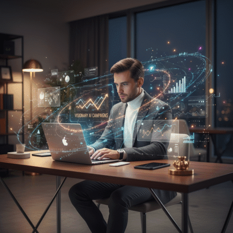 Ultra-realistic cinematic photograph: A modern marketer at a sleek laptop in a stylish, softly lit workspace. Dynamic, glowing holographic data streams, creative sparks, and AI-generated campaign visuals swirl organically around them and burst from the screen. Photorealistic human, soft bokeh, screen glows, golden accents. Innovative, intelligent fusion of tech and art. 16:9