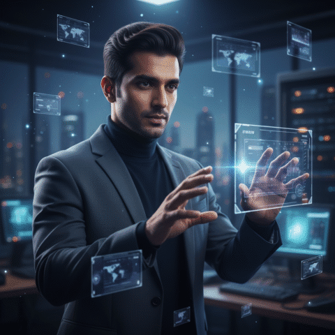 Eugene Samuel, charismatic Indian male professional in his 30s, sharp features, confident expression, modern professional dress, well-groomed hairstyle, in a dim, moody high-tech office. Intensely focused, interacting with floating interface nodes. Shot on Sony A7R IV, 85mm lens, f/1.8, cinematic, volumetric lighting, screen glow on face, soft bokeh, 8k resolution, photorealistic.