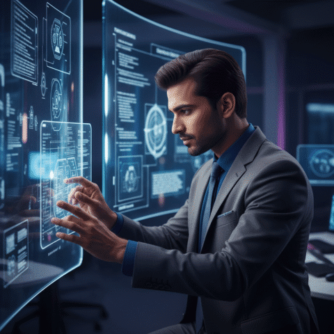 Eugene Samuel, a charismatic Indian male professional in his 30s, sharp features, confident expression, modern professional dress, well-groomed hairstyle. In a dim, moody high-tech office, intensely focused, working with floating interface nodes and complex glass whiteboards. 8k resolution, Sony A7R IV, photorealistic, cinematic lighting, depth of field, high-end photo.