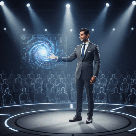 Eugene Samuel, a charismatic Indian male professional in his 30s, sharp features, confident expression, modern professional dress, well-groomed hairstyle, standing on a modern, well-lit stage (TED Talk style) gesturing dynamically to a holographic data audience. Shot on Sony A7R IV, 85mm lens, f/1.8 (soft bokeh), cinematic, volumetric lighting, screen glow on face. 8k resolution, photorealistic, depth of field.