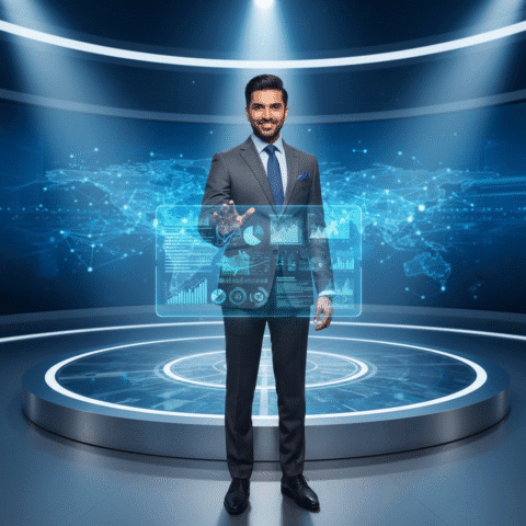 Eugene Samuel, a charismatic Indian male professional in his 30s, sharp features, confident expression, modern professional dress, well-groomed hairstyle, stands on a modern, well-lit stage (TED Talk style), gesturing to a holographic data audience. Shot on Sony A7R IV, 85mm, f/1.8, cinematic volumetric lighting, screen glow, photorealistic, 8k, depth of field. No cartoons, no 3D.