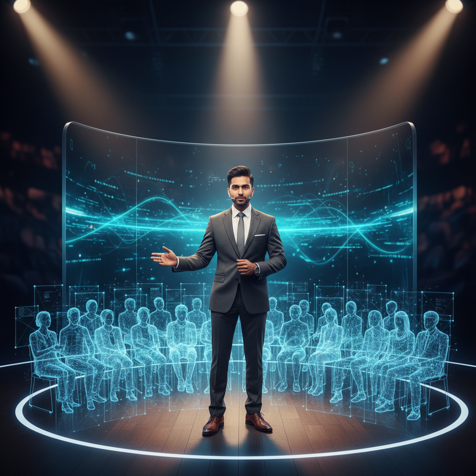 Eugene Samuel, a charismatic Indian male professional in his 30s, sharp features, confident expression, modern professional dress, well-groomed hairstyle, stands on a modern, well-lit stage (TED Talk style) gesturing to a holographic data audience. Shot on Sony A7R IV, 85mm lens, f/1.8, cinematic volumetric lighting, depth of field, screen glow on face. 8k, photorealistic, high-end photography, no cartoon, no 3D render, no illustration.