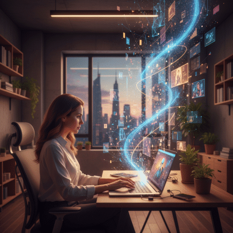 Ultra-realistic cinematic photo, modern marketer focused at laptop in a stylish workspace. From the screen, a dynamic swirl of glowing holographic data, abstract AI art, campaign visuals, and flowing analytics burst forth, enveloping the scene. Cinematic lighting, soft bokeh, warm amber and electric blue screen glows, evoking intelligent creativity. 16:9.