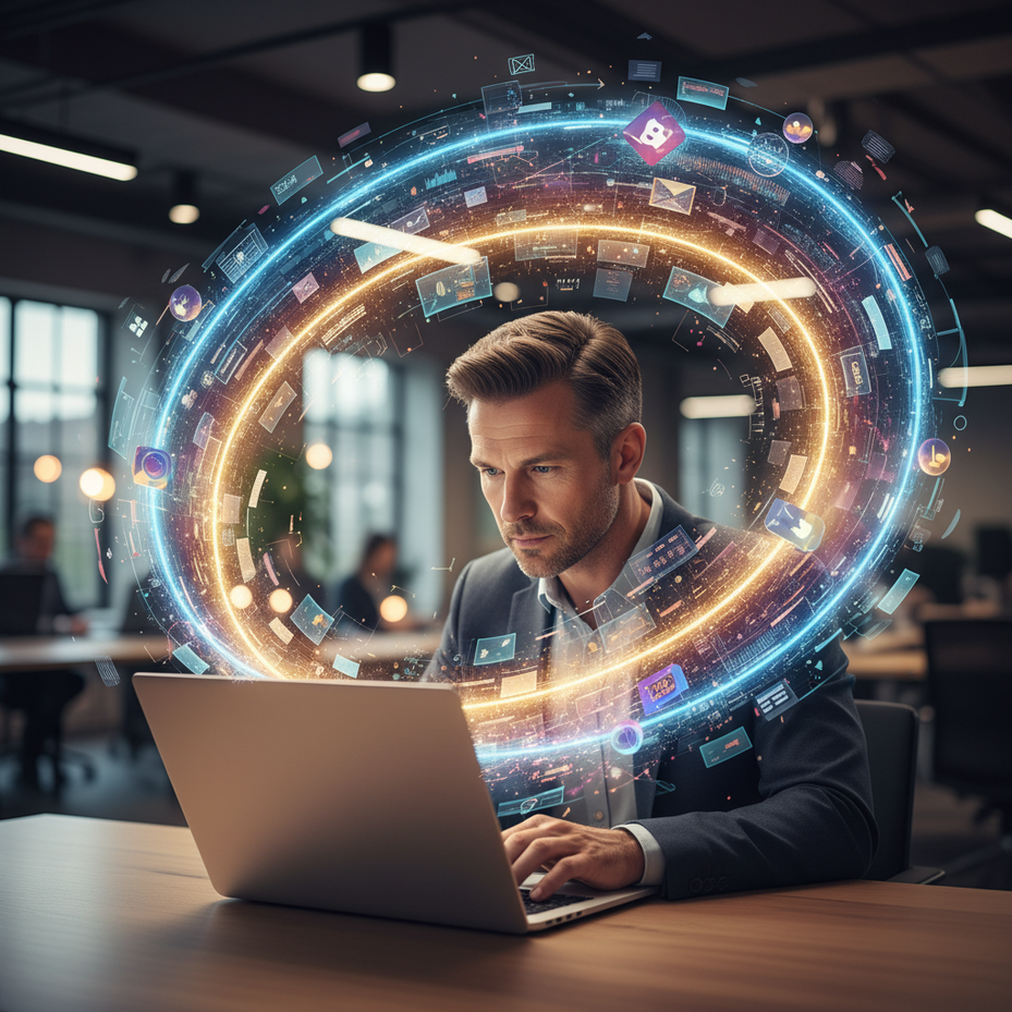 Ultra-realistic cinematic shot: A focused marketer at a sleek laptop in a modern, softly lit space. A dynamic vortex of glowing AI-driven analytics, holographic campaign designs, and artistic digital bursts swirls from the screen, embracing the scene. Soft bokeh, golden/blue screen glow, natural skin, 16:9.