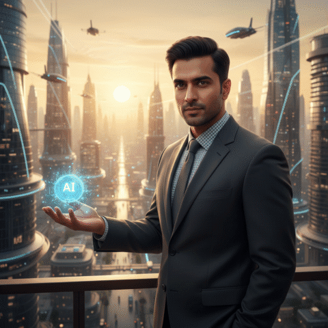 Eugene Samuel, a charismatic Indian male professional in his 30s, sharp features, confident expression, modern professional dress, well-groomed hairstyle, standing on a balcony overlooking a futuristic Chennai skyline at golden hour, looking forward, holding a singular glowing 'AI node' in his hand. Shot on Sony A7R IV, 85mm lens, f/1.8, soft bokeh, cinematic volumetric lighting, depth of field, 8k resolution, photorealistic.