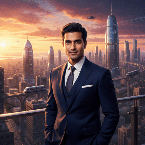 Eugene Samuel, a charismatic Indian male professional in his 30s, sharp features, confident expression, modern professional dress, well-groomed hairstyle, standing on a balcony overlooking a futuristic Chennai skyline at golden hour, looking forward. 8k resolution, Sony A7R IV, photorealistic, cinematic lighting, depth of field.