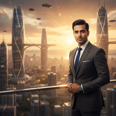 Eugene Samuel, a charismatic Indian male professional in his 30s, sharp features, confident expression, modern professional dress, well-groomed hairstyle, standing on a balcony overlooking a futuristic Chennai skyline at golden hour, looking forward. Shot on Sony A7R IV, 85mm lens, f/1.8 (soft bokeh), cinematic, volumetric lighting, photorealistic, 8k, depth of field. No cartoon, no 3D render, high-end photography.