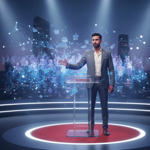 Eugene Samuel, charismatic Indian male professional in his 30s, sharp features, confident expression, modern professional dress, stands on a modern, well-lit stage (TED Talk style), gesturing to a holographic data audience. Shot on Sony A7R IV, 85mm lens, f/1.8 (soft bokeh). Cinematic, volumetric lighting, screen glow on face. 8k, photorealistic, depth of field, high-end photography.