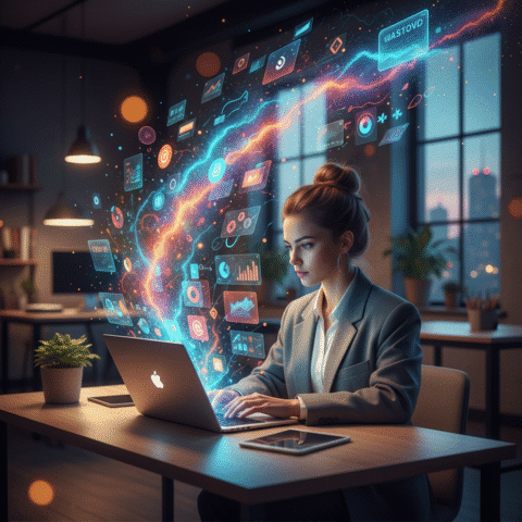 Cinematic ultra-realistic photo of a modern marketer, focused at a laptop in a stylish, softly lit workspace. A vibrant, ethereal swirl of glowing holographic dashboards, data visualizations, and creative digital art bursts emanates from the screen, showcasing AI-driven marketing magic. Soft bokeh, warm and neon glows. 16:9.