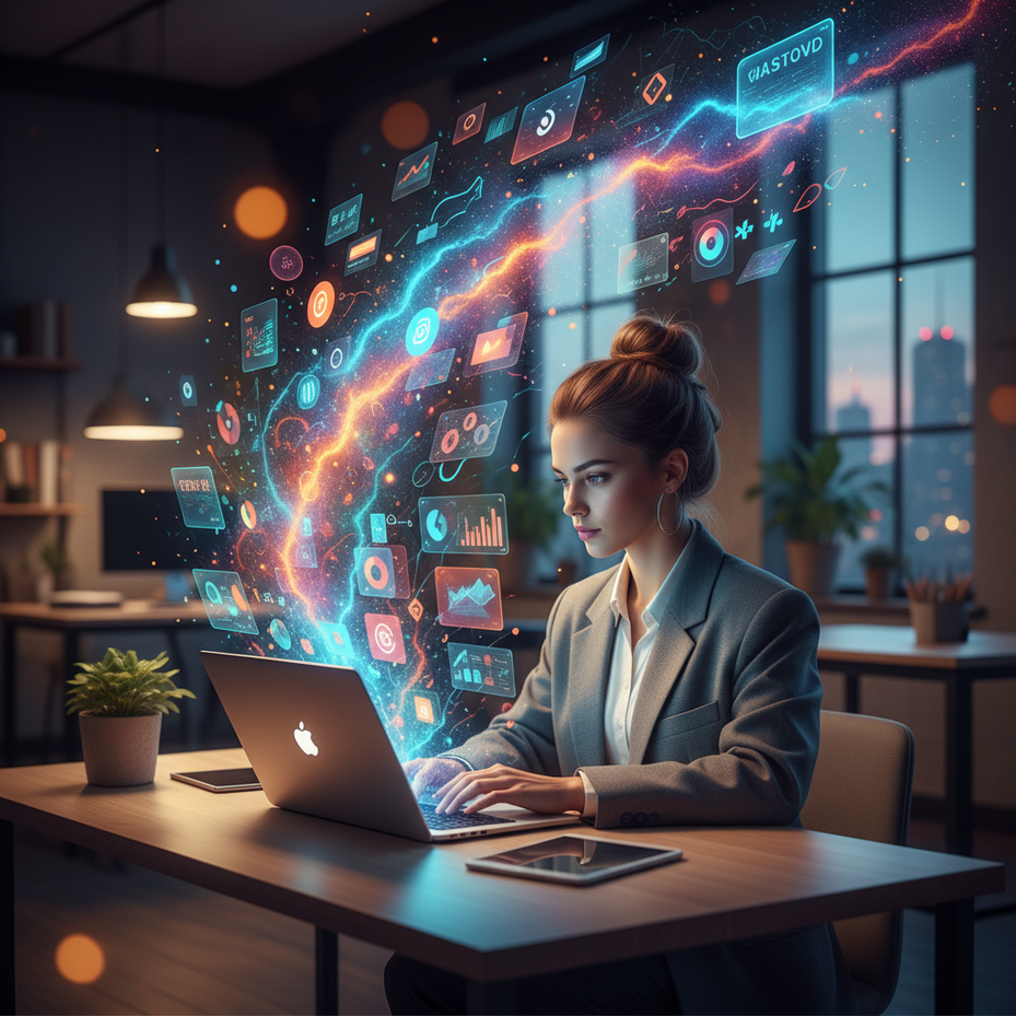 Cinematic ultra-realistic photo of a modern marketer, focused at a laptop in a stylish, softly lit workspace. A vibrant, ethereal swirl of glowing holographic dashboards, data visualizations, and creative digital art bursts emanates from the screen, showcasing AI-driven marketing magic. Soft bokeh, warm and neon glows. 16:9.