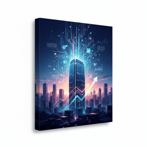 A sophisticated editorial illustration in corporate abstract design style, visualizing the convergence of digital marketing data and global reach. Focus on abstract glowing data streams and network pathways emanating from a sleek, conceptual high-rise building with reflective facades, silhouetted against a vibrant, stylized metropolitan skyline at dawn. Geometric shapes representing growth graphs and ascending arrows interweave with subtle patterns symbolizing knowledge dissemination and amplified digital voices. No human figures or identifiable faces. Rich corporate blues, purples, and teals dominate, accented by luminous digital white and gold. Premium, modern, business-magazine cover quality, cinematic lighting.