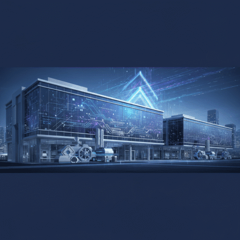 Wide editorial illustration banner: A sophisticated, conceptual corporate campus bathed in twilight, its glass and steel facades reflecting a digital aurora of glowing neural network pathways and abstract circuit board patterns. Automated industrial mechanisms, represented by sleek, stylized geometric forms, seamlessly integrate into the lower levels of the architecture, hinting at advanced manufacturing and operational efficiency. Overhead, dynamic digital data streams converge, forming a subtle, ascending arrow motif, symbolizing progress and innovation in AI automation. The backdrop features a subtly blurred, high-tech global cityscape, emphasizing reach and impact. Dominant colors are deep corporate blues, electric purples, and metallic silver accents, with a polished, premium business-magazine aesthetic. Clean lines, vector-inspired textures, no human figures or identifiable faces. Cinematic wide shot, symbolizing leadership in AI and automation.