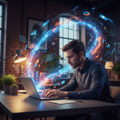 Ultra-realistic cinematic photo: Modern marketer, intense focus at laptop in stylish workspace. A dynamic, glowing swirl of abstract data streams, holographic analytics, and vibrant digital art bursts emanates from the screen, encapsulating their creative space. Soft bokeh, dramatic screen light, warm amber and cool blue reflections. 16:9.