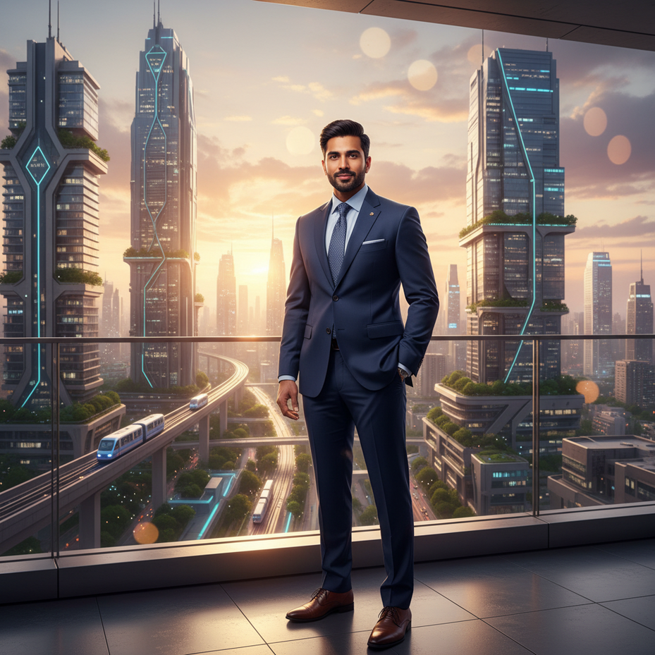 Eugene Samuel, charismatic Indian male, 30s, sharp features, confident, modern professional attire, well-groomed, on a balcony overlooking a futuristic Chennai skyline at golden hour, looking forward. Sony A7R IV, 85mm f/1.8, cinematic volumetric light, soft bokeh, 8k, photorealistic, high-end photo, no cartoons/3D.