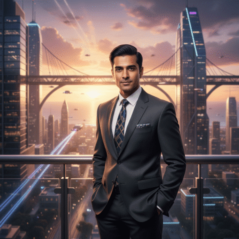 Eugene Samuel, charismatic Indian male, 30s, sharp features, confident expression, modern professional dress, well-groomed hairstyle, standing on a balcony overlooking a futuristic Chennai skyline at golden hour, looking forward. Shot on Sony A7R IV, 85mm lens, f/1.8, soft bokeh, cinematic volumetric lighting, depth of field. 8k resolution, photorealistic.