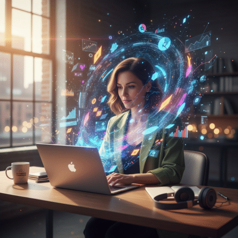 Ultra-realistic cinematic photo: A focused marketer at a laptop in a stylish, sunlit workspace. From the screen, a vibrant swirl of glowing holographic data, abstract analytics, campaign visuals, and digital art bursts emanates, surrounding them. Soft bokeh, cinematic lighting, futuristic blues and warm amber glow, capturing AI-powered marketing magic and the fusion of tech-creativity.